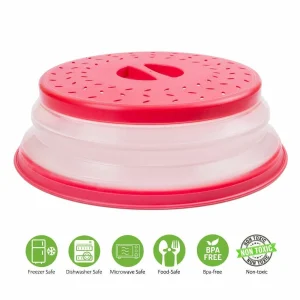 Collapsible Microwave Food Cover Splatter Guard & Veggie Colander – Vented Lid